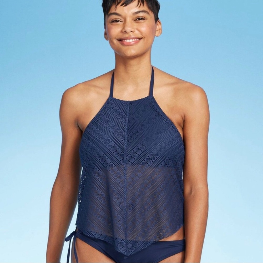 Tankini Tank Top Swimsuit w Adjustable Halter Tie at Neck & Crochet Mesh Fabric